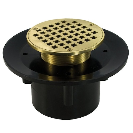 Jones Stephens 2in. x 3in. Heavy Duty ABS Slab Drain Base with 3in. Metal Spud and 5in. Polished Brass Strainer D49320